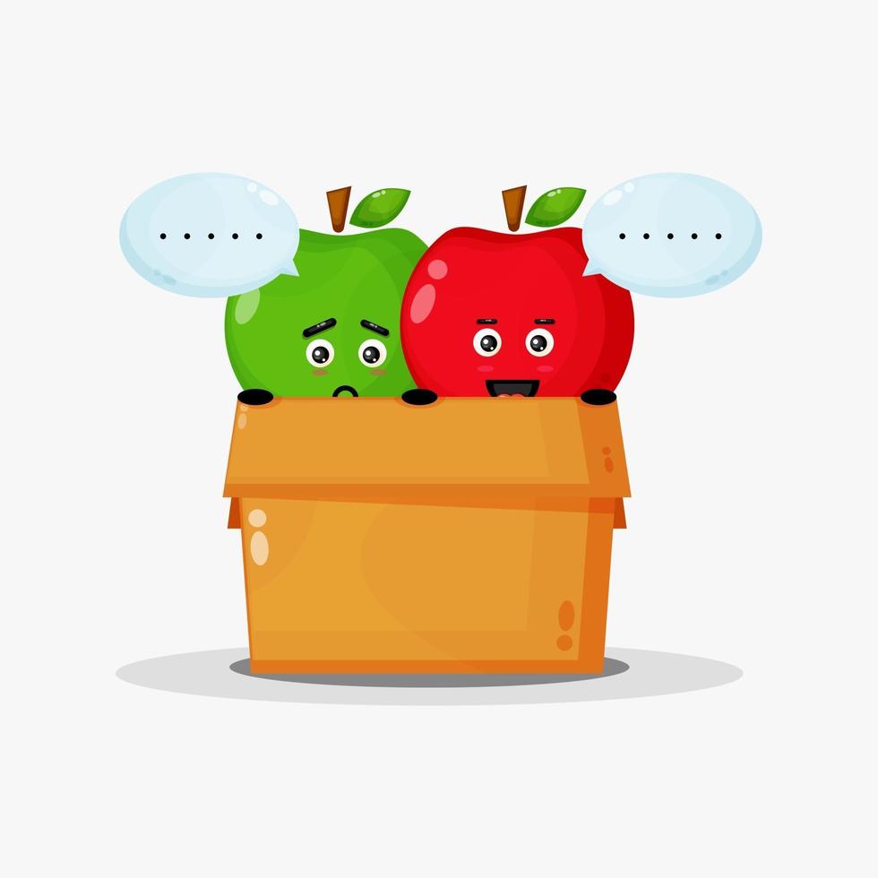 mascote de maçã verde fofa e maçã vermelha na caixa vetor