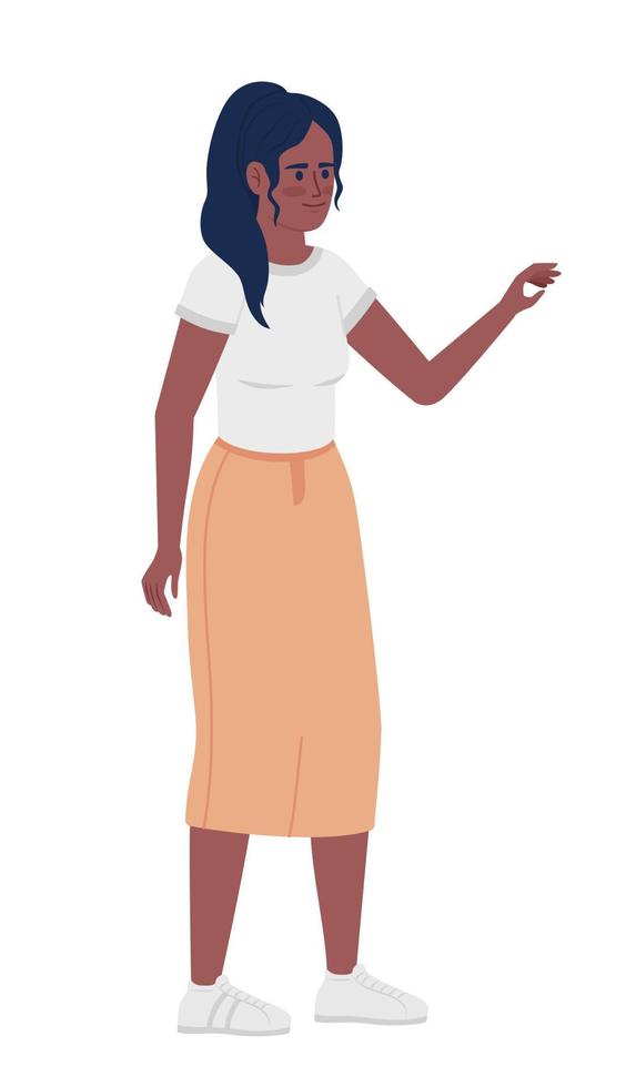 sorridente mulher com de cabeça para baixo rabo e casual equipamento semi plano cor vetor personagem. editável figura. cheio corpo pessoa em branco. simples desenho animado estilo local ilustração para rede gráfico projeto, animação