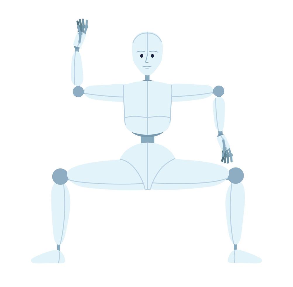 humanóide robô pausa dança semi plano cor vetor personagem. como humano movimento. editável cheio corpo figura em branco. simples desenho animado estilo local ilustração para rede gráfico Projeto e animação