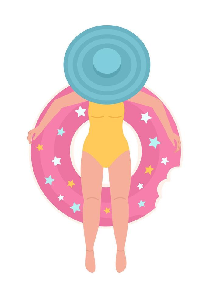 senhora dentro chapéu deitado em inflável rosquinha anel semi plano cor vetor personagem. editável figura. cheio corpo pessoa em branco. simples desenho animado estilo local ilustração para rede gráfico Projeto e animação