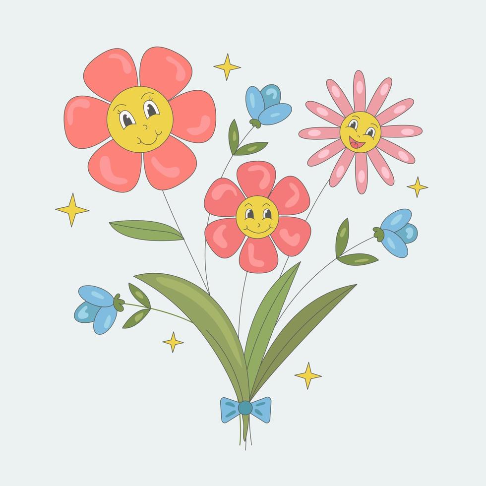 groovy buquês com desenho animado flores vários florescendo plantas com hastes e folhas isolado em branco. vetor