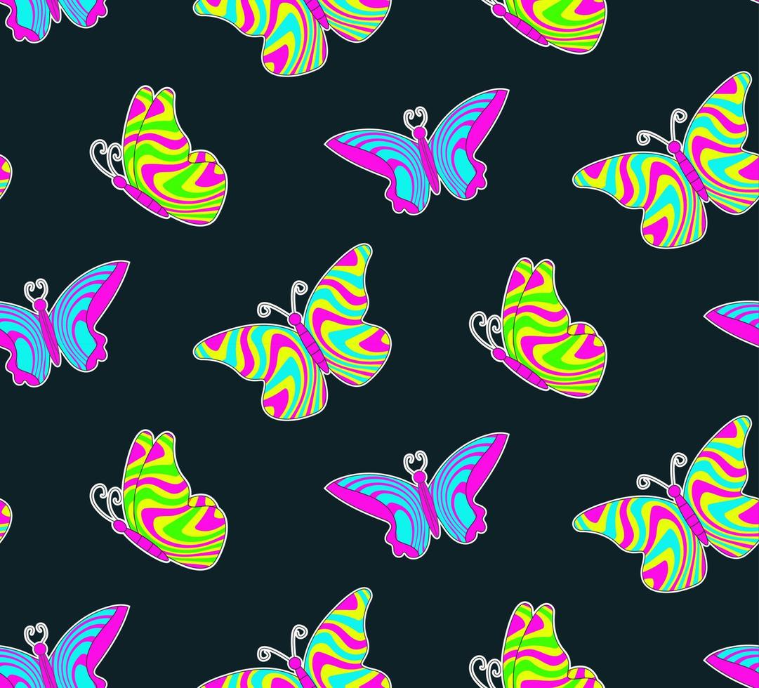 groovy desatado padronizar com abstrato néon borboletas em Preto fundo. vetor