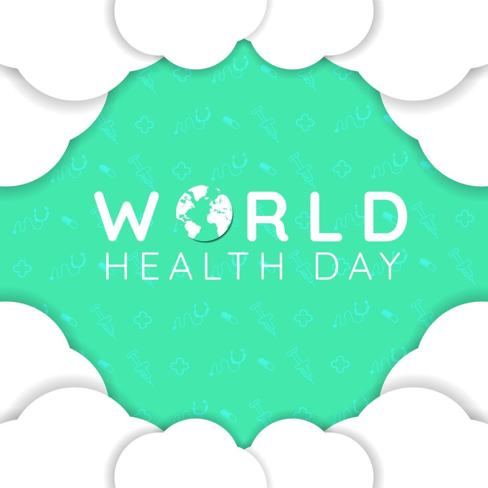 mundo saúde dia cumprimento texto Projeto em abril 7º, mundo saúde dia especial com papel estilo nuvem quadro, Armação vetor