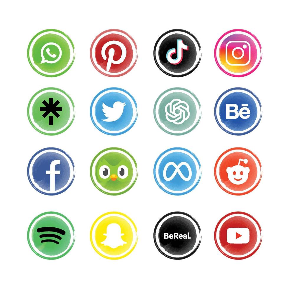 social meios de comunicação logotipo coleção com aguarela fundo vetor
