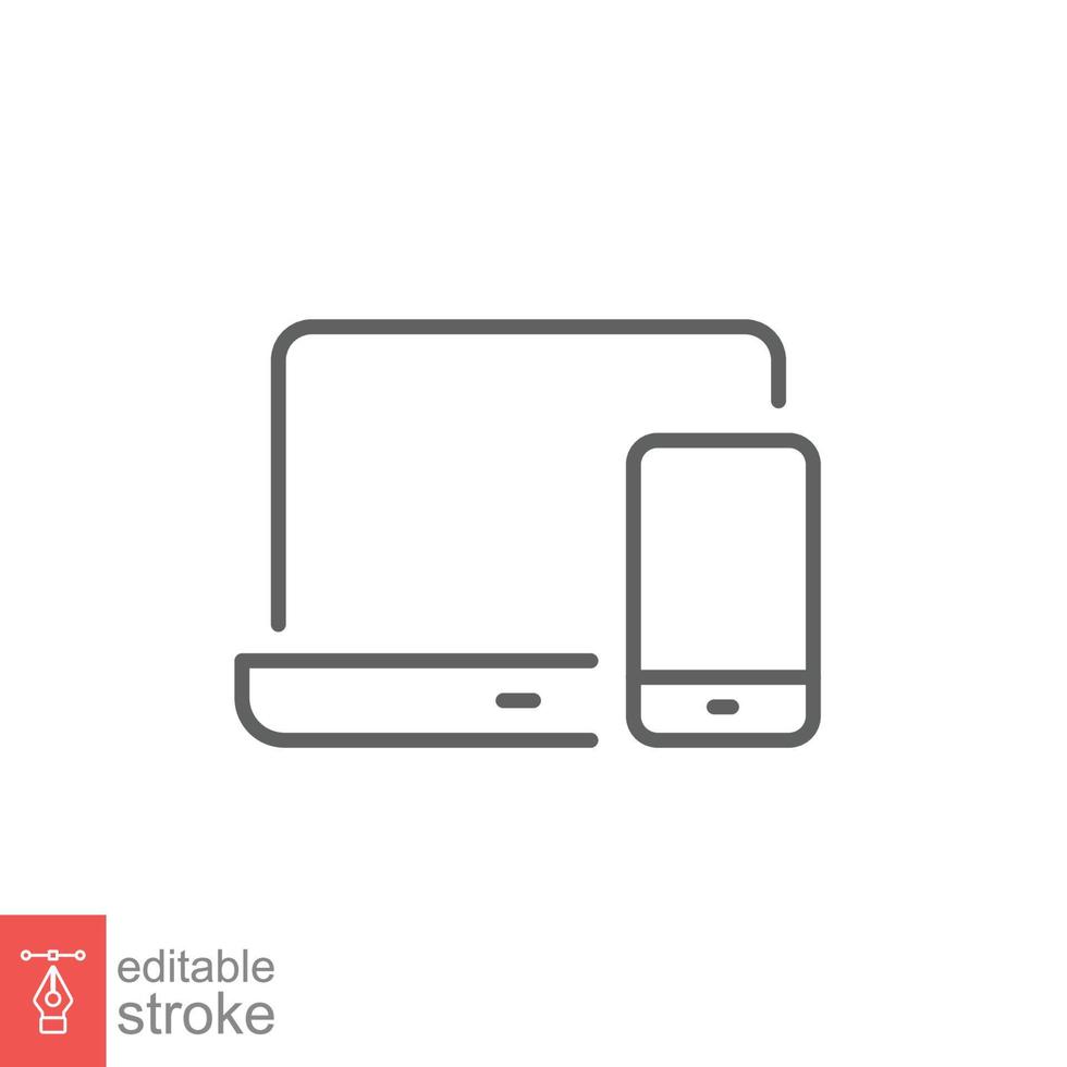 computador portátil e Móvel telefone linha ícone. simples esboço estilo. Área de Trabalho, dispositivo, tela, mostrar, Smartphone, responsivo conceito. vetor ilustração isolado em branco fundo. editável acidente vascular encefálico eps 10.