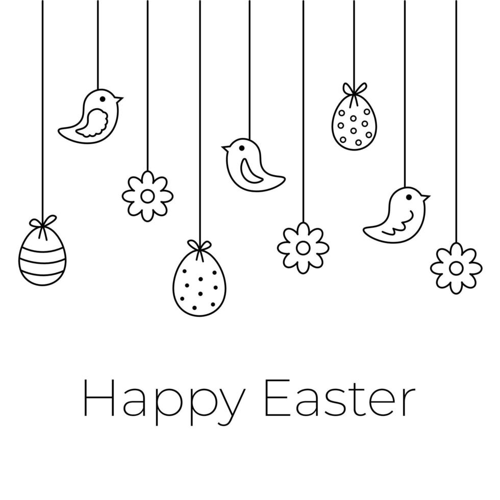 feliz Páscoa cumprimento cartão Projeto. linear vetor ilustração do Páscoa ovos com padrão, pássaros e flores mão desenhado esboço rabisco estilo.