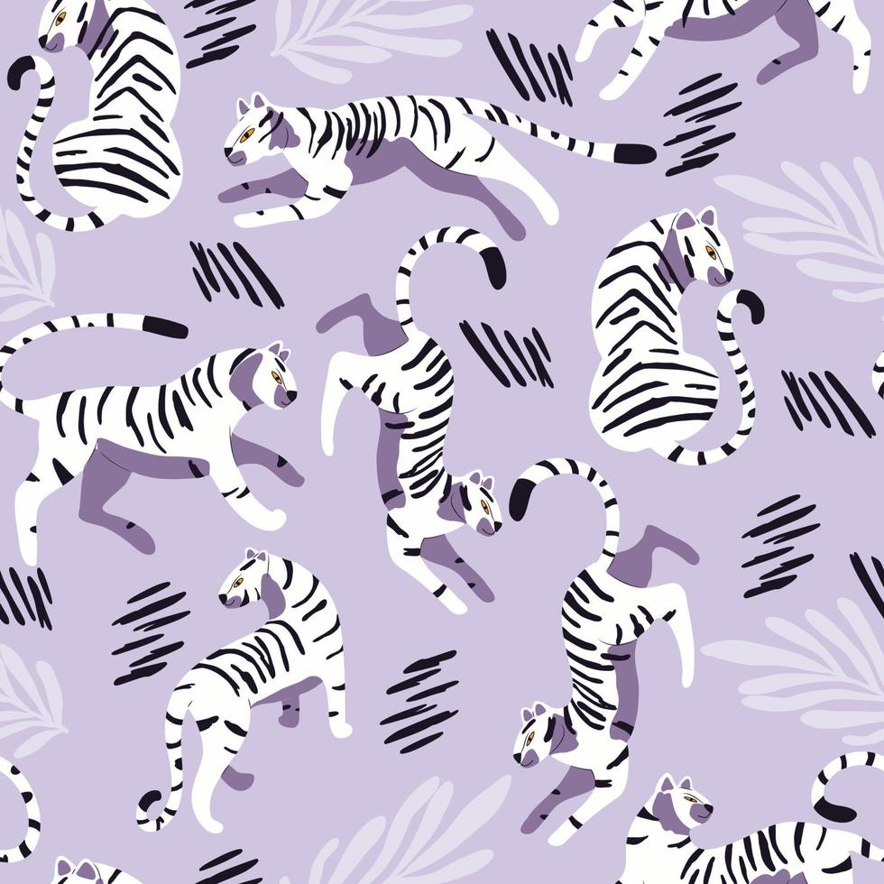desatado padronizar com mão desenhado exótico grande gato branco tigre, com tropical plantas e abstrato elementos em luz roxa fundo. colorida plano vetor ilustração