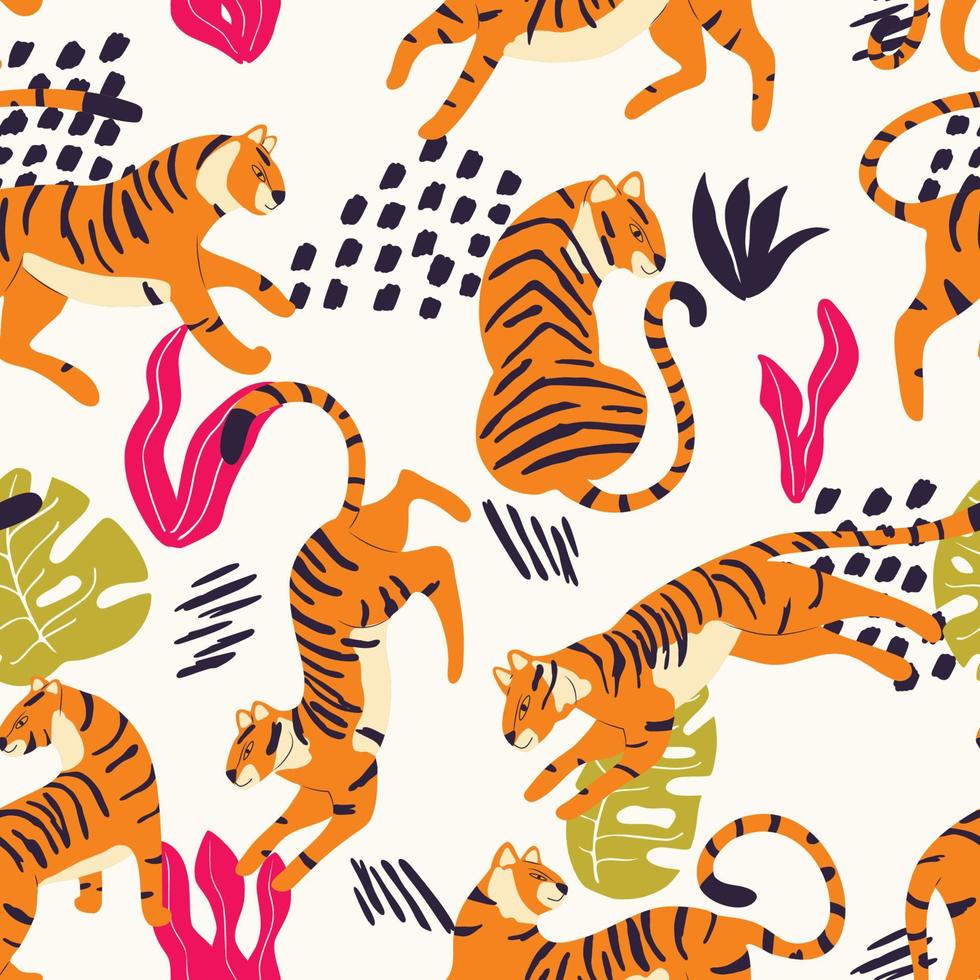 desatado padronizar com mão desenhado exótico grande gato tigre, com tropical plantas e abstrato elementos em creme fundo. colorida plano vetor ilustração