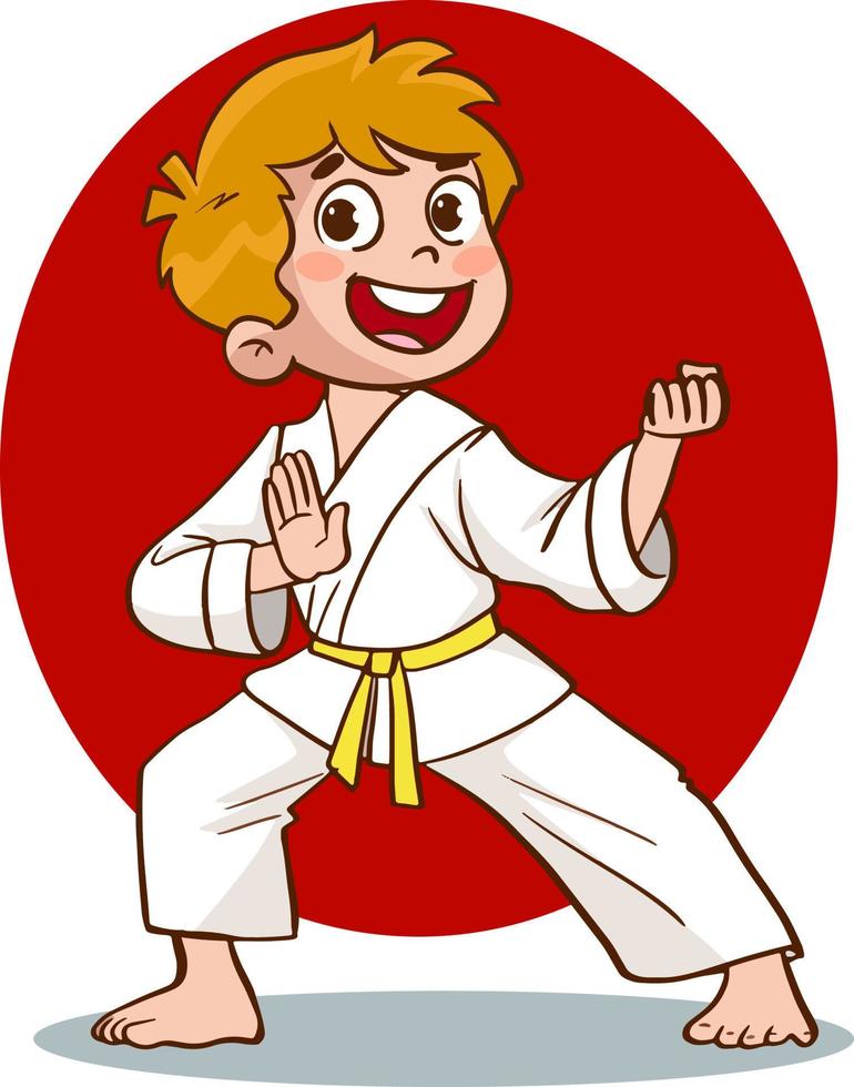 crianças dos desenhos animados treinando artes marciais em uniforme de quimono. ilustração de personagem de karatê ou taekwondo. vetor