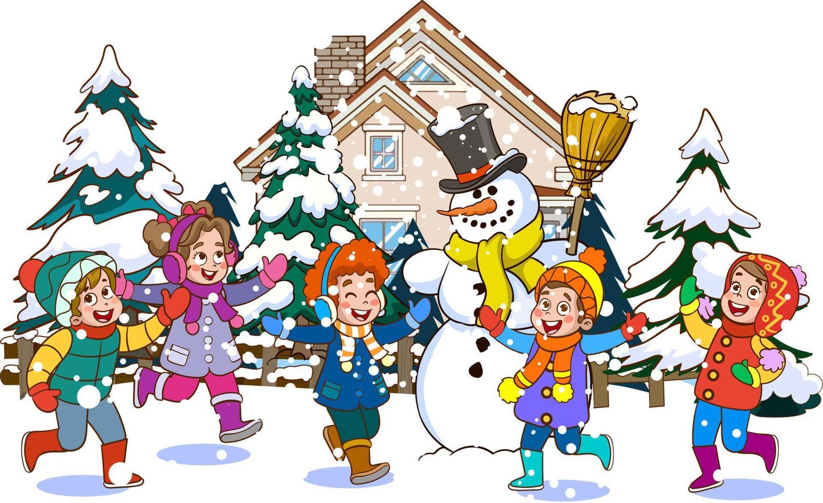 inverno nevando e crianças tendo Diversão fazer boneco de neve vetor