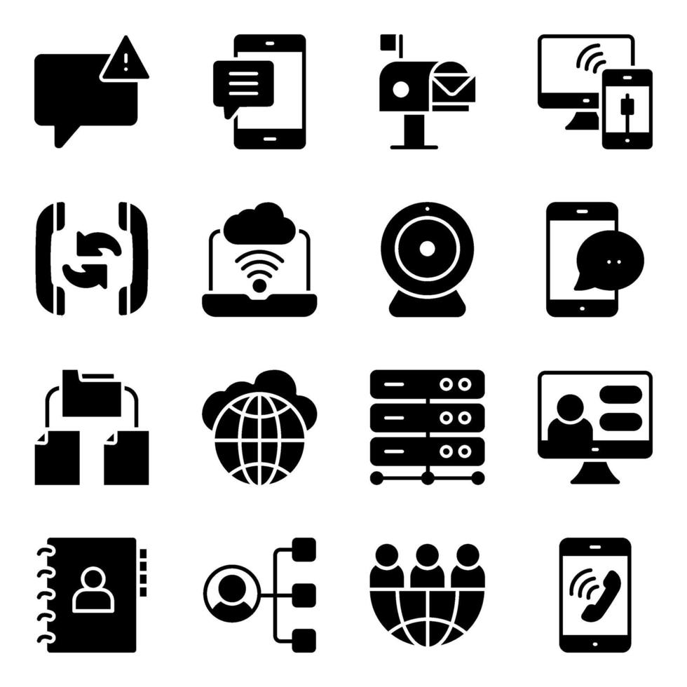 pacote de ícones sólidos de comunicação e tecnologia de rede vetor