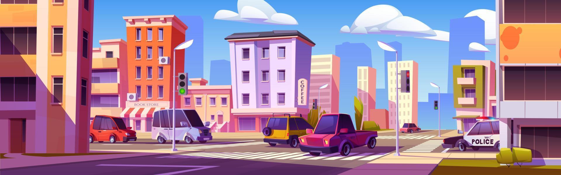 desenho animado cidade rua interseção com muitos carros vetor