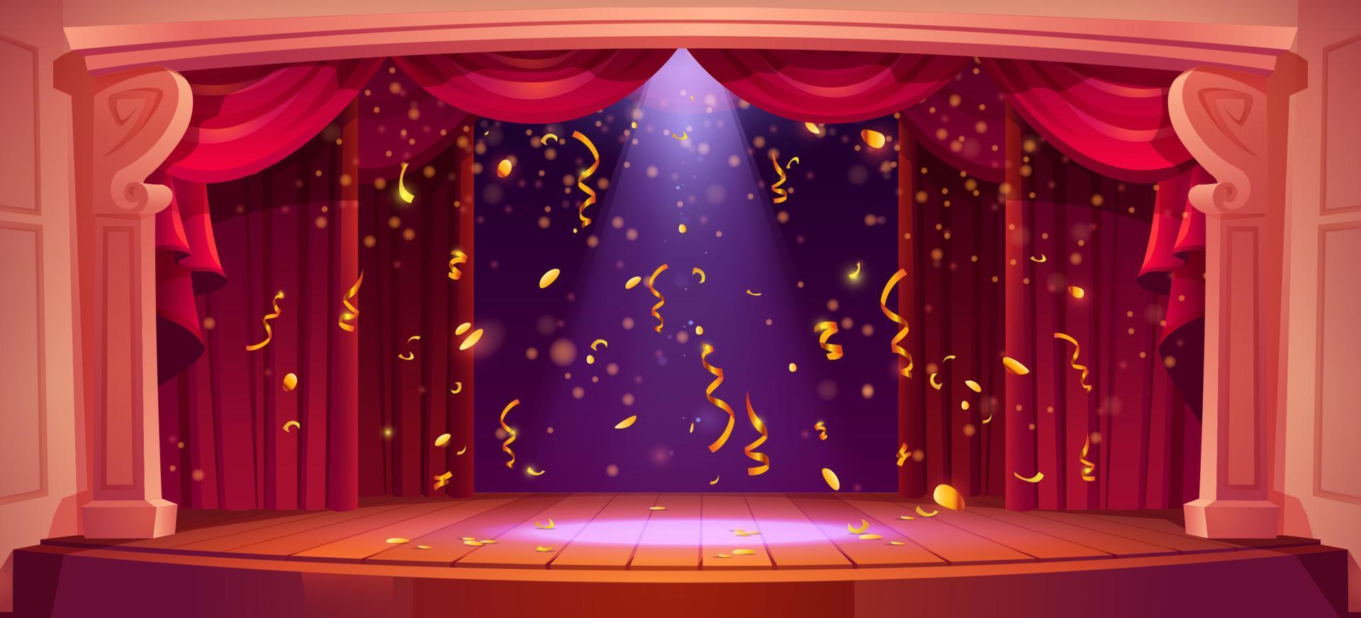 teatro etapa com vermelho cortina, luz e confete vetor