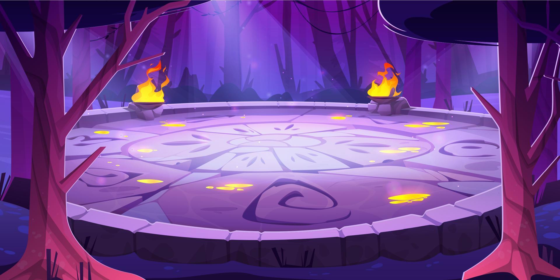 batalha arena com runas às noite dentro Magia floresta vetor