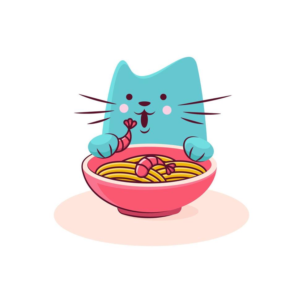 personagem de gato fofo gosta de ramen saboroso vetor