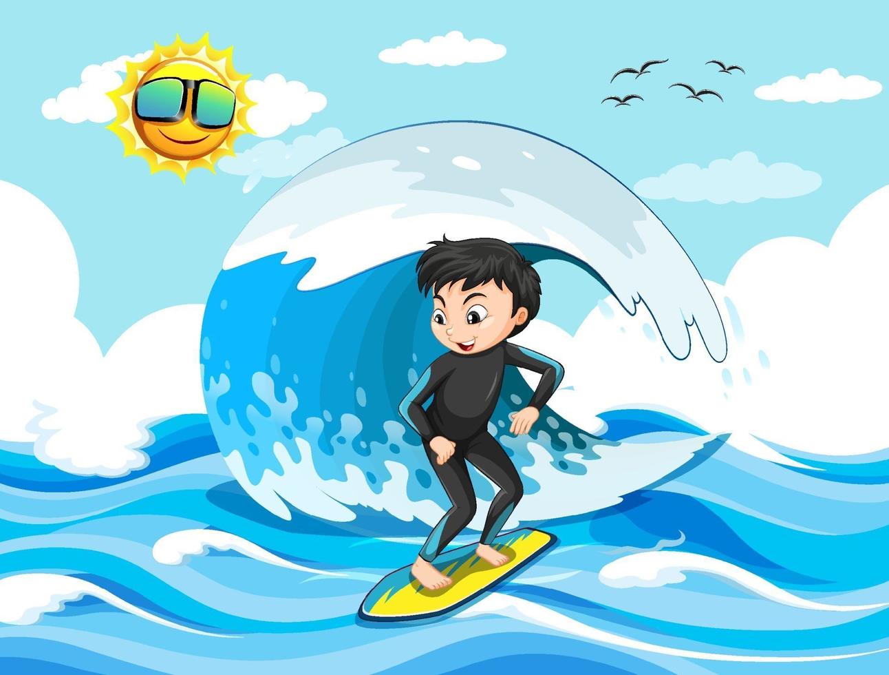 grande onda na cena do oceano com o menino em uma prancha de surf vetor