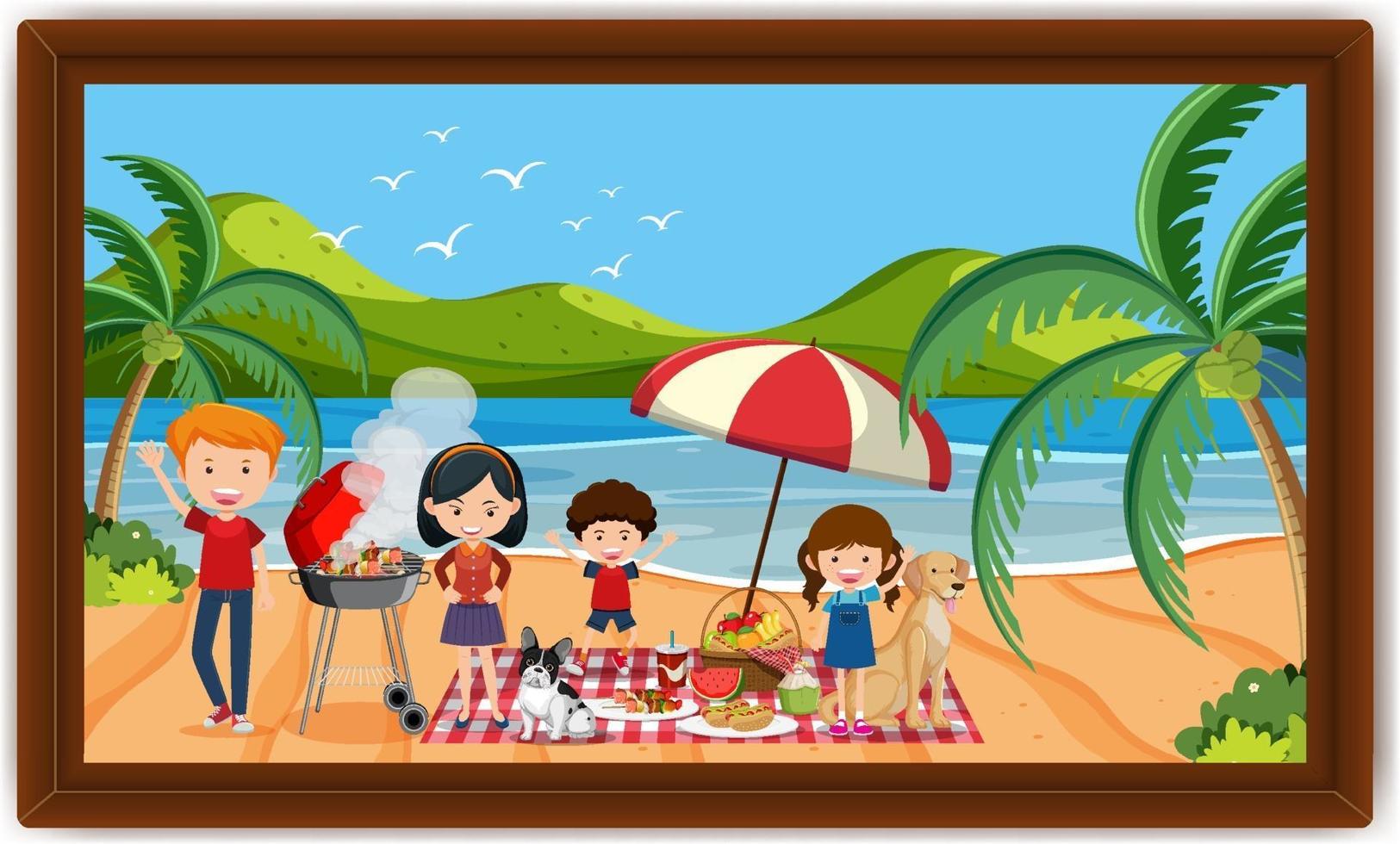 Piquenique em família feliz na foto da cena da praia em um quadro vetor
