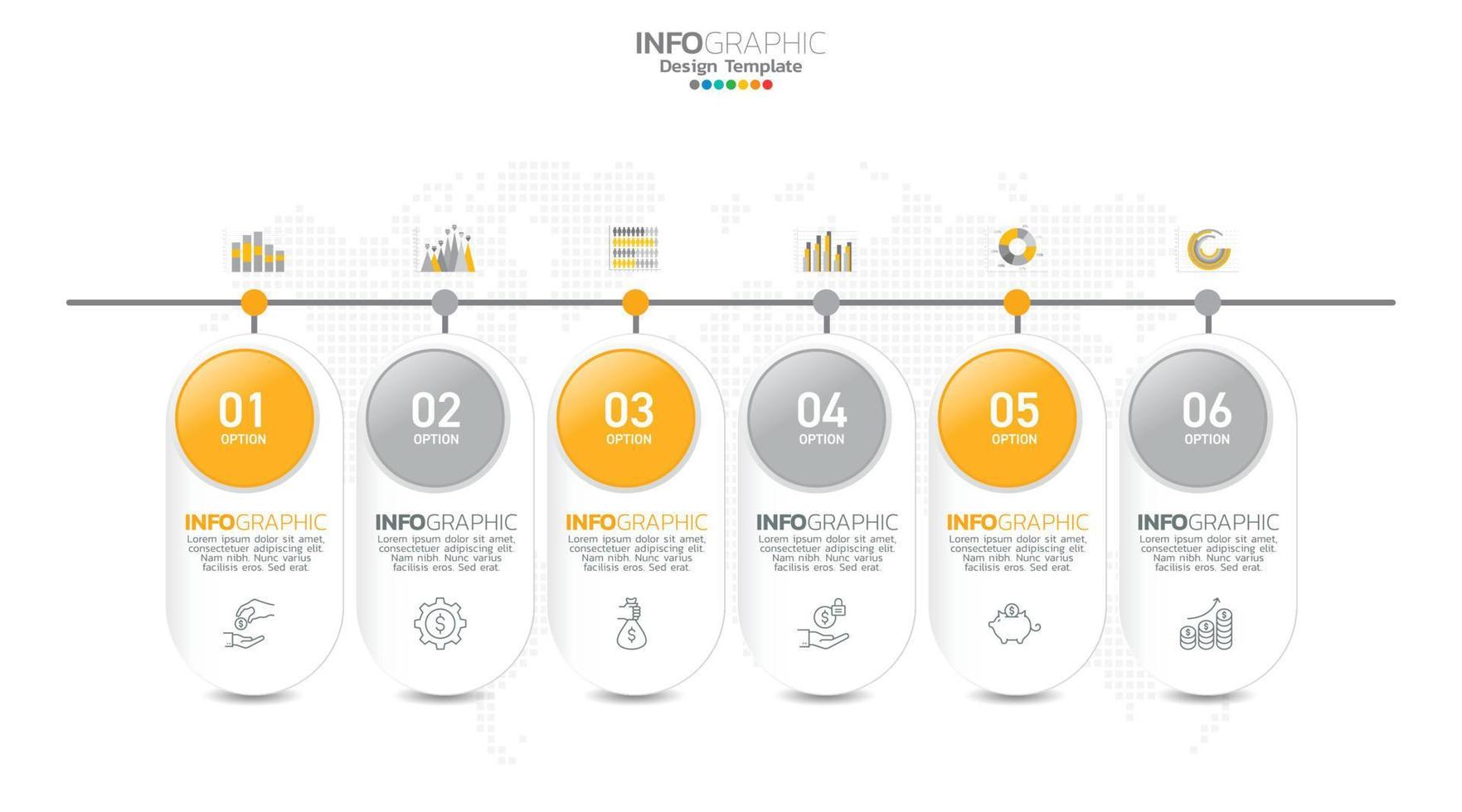 O vetor infográfico da linha do tempo com 6 etapas pode ser usado para o design da web do relatório anual do diagrama de layout do fluxo de trabalho.