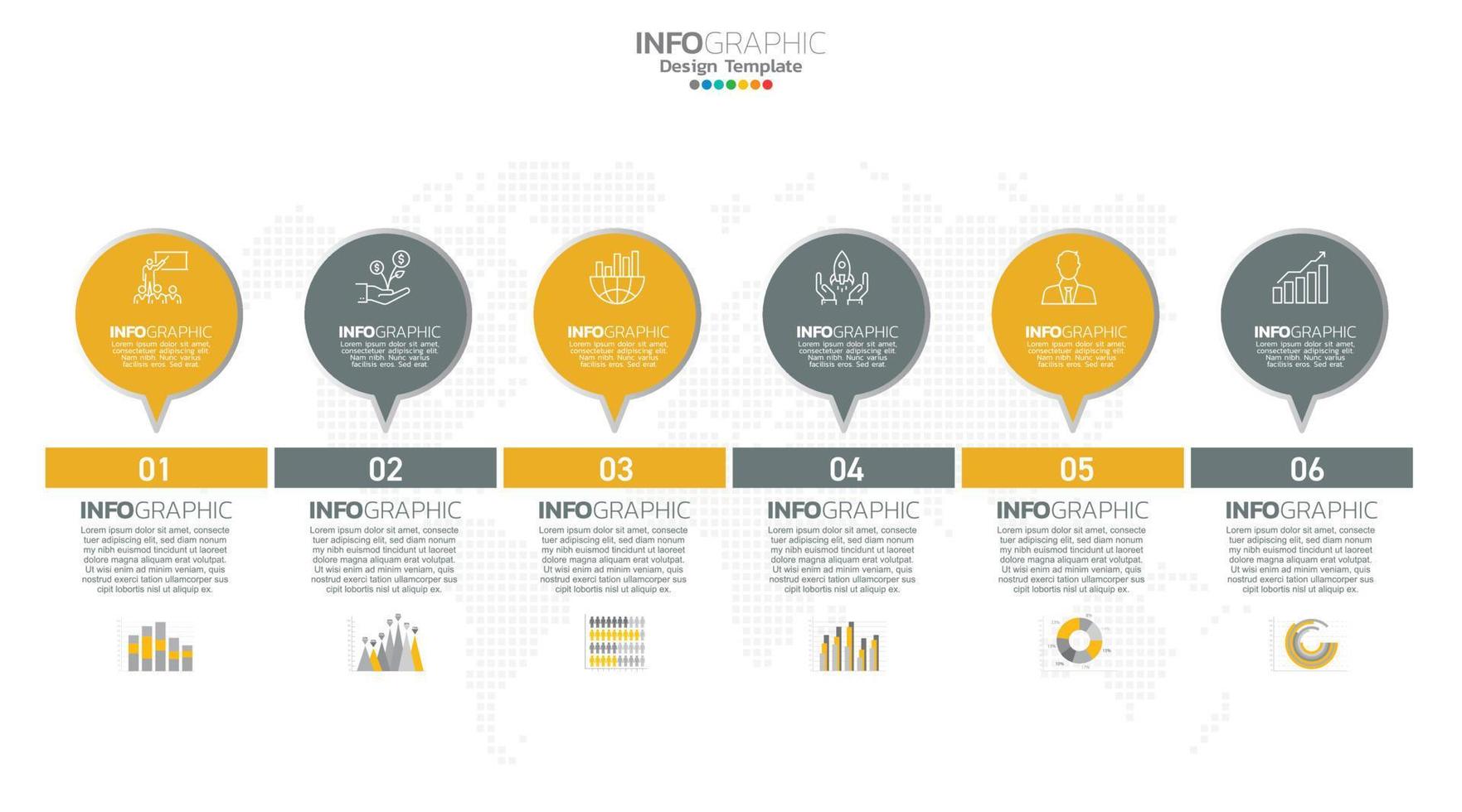 O vetor infográfico da linha do tempo com 6 etapas pode ser usado para o design da web do relatório anual do diagrama de layout do fluxo de trabalho.