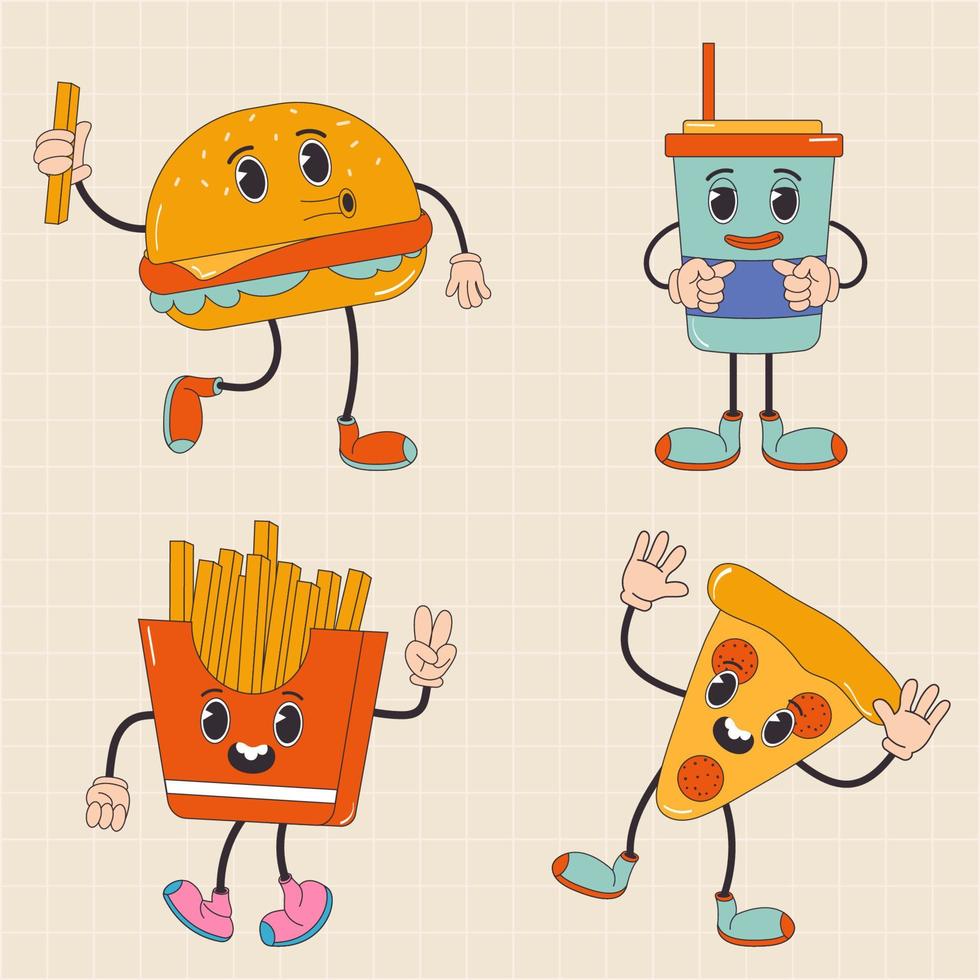 desenho animado personagem retro pizza, hambúrguer, francês fritas, bebida, velozes Comida anos 70. dentro na moda groovy hippie retro estilo. vetor