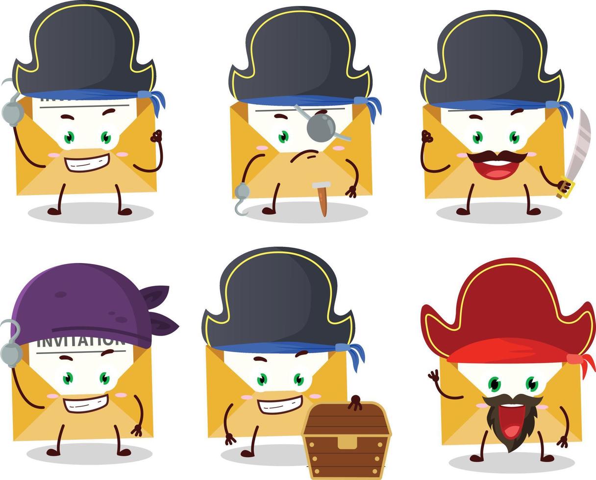 desenho animado personagem do convite mensagem com vários piratas emoticons vetor
