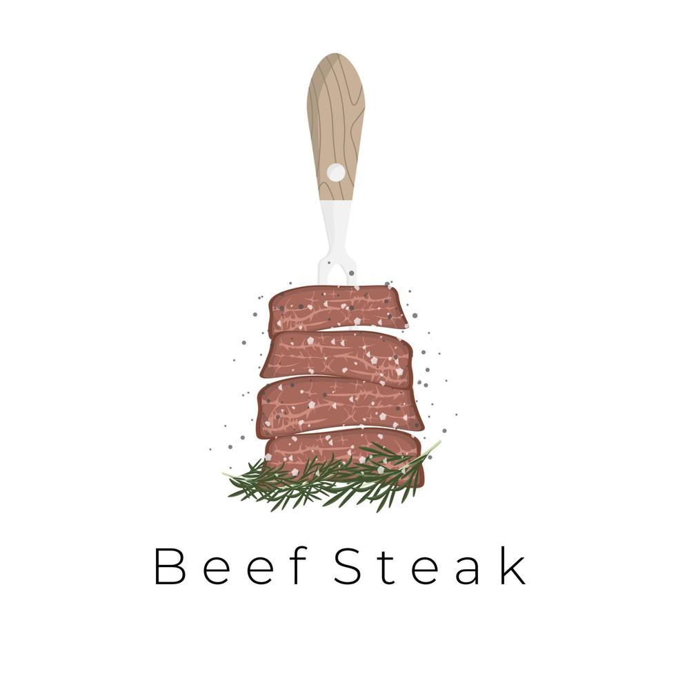 suculento carne bife vetor ilustração logotipo espetado com garfo e servido com sal Pimenta e alecrim