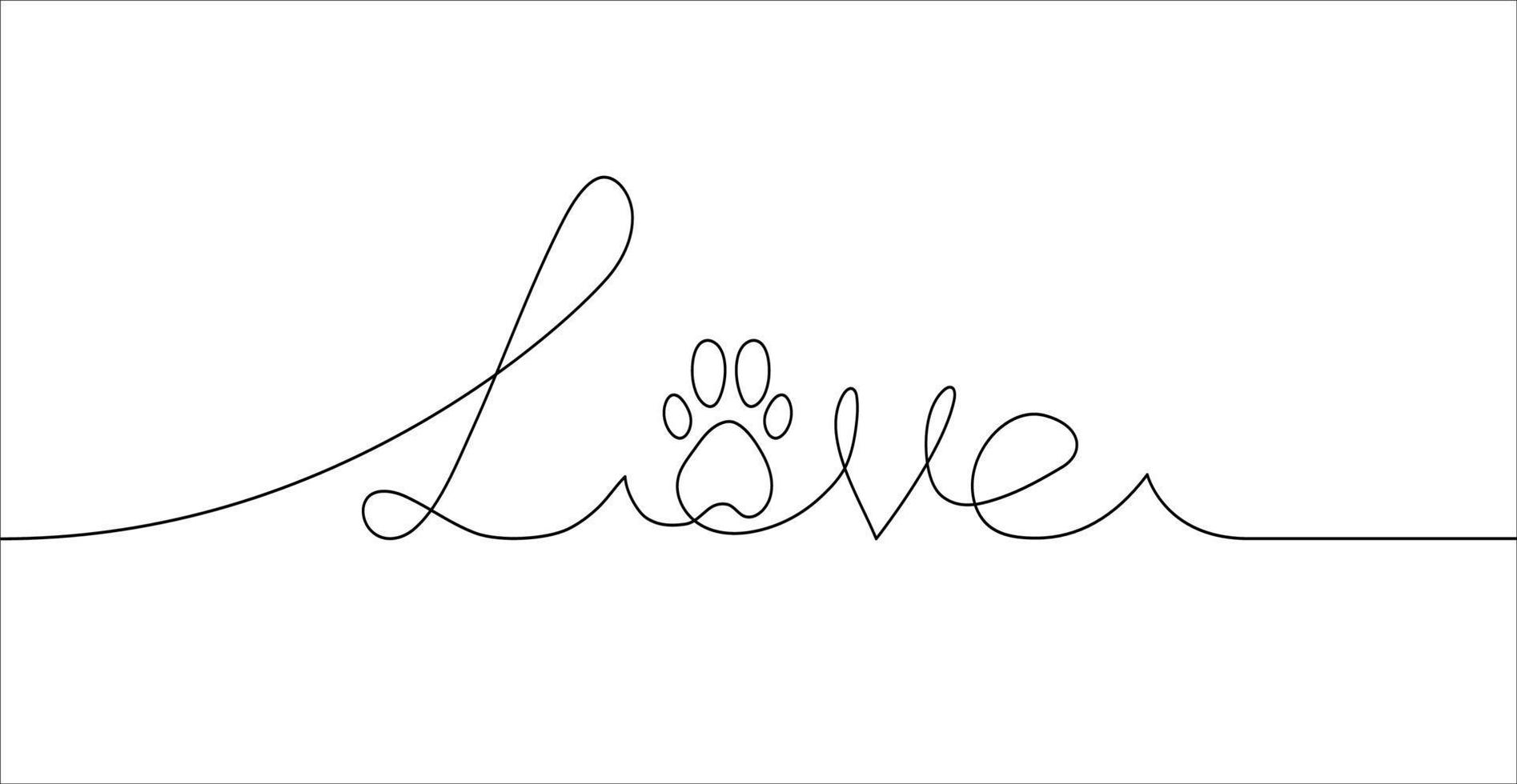 amor mão desenhado letras com animal pegada. 1 linha desenhando do escrevendo amor com pata. gato e cachorro amor ícone. vetor ilustração