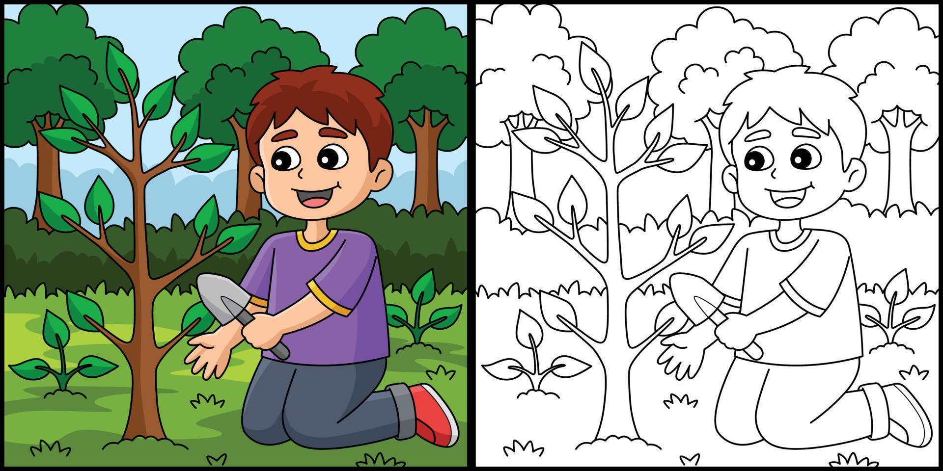 Garoto plantio árvores coloração página ilustração vetor