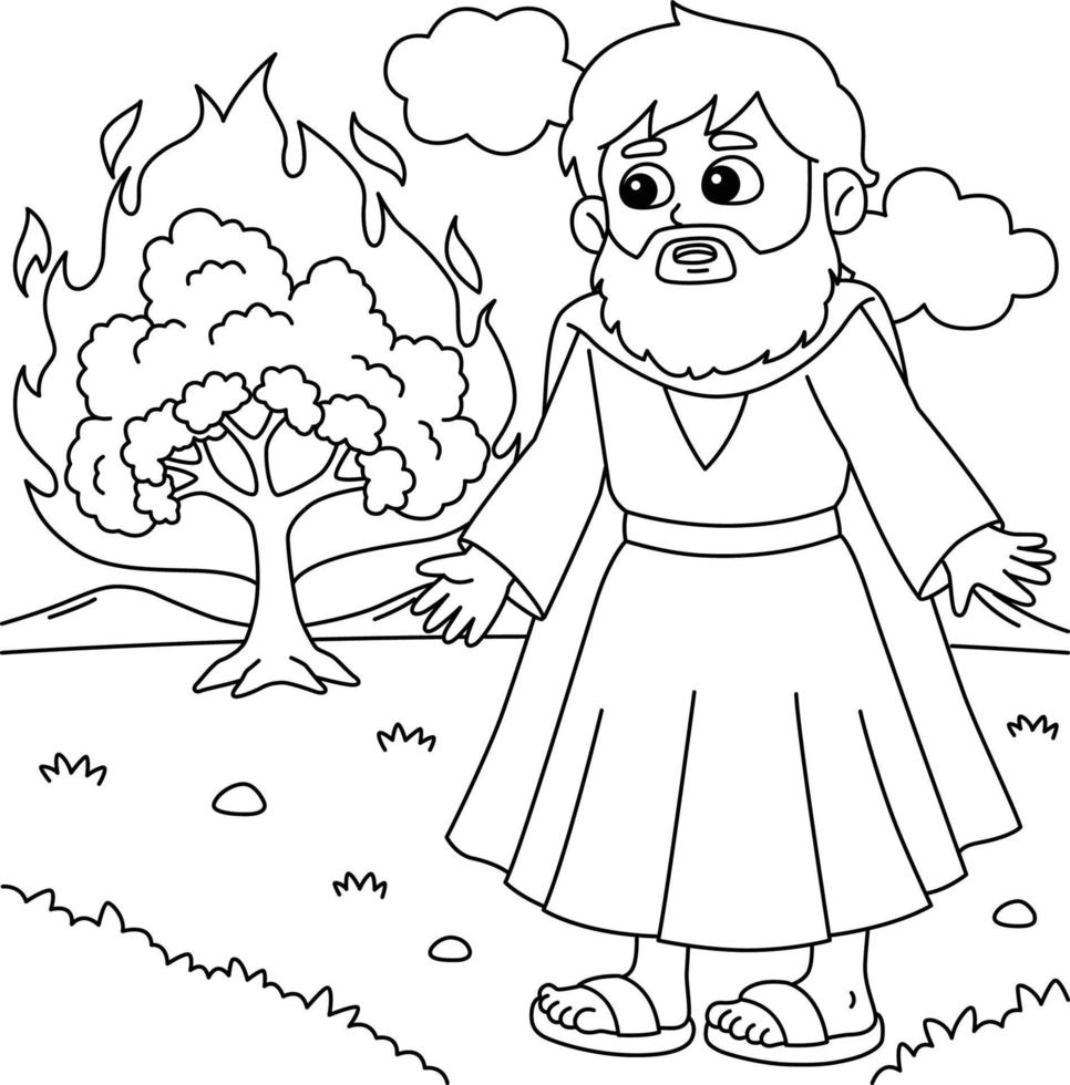 Moisés e queimando arbusto coloração página para crianças vetor
