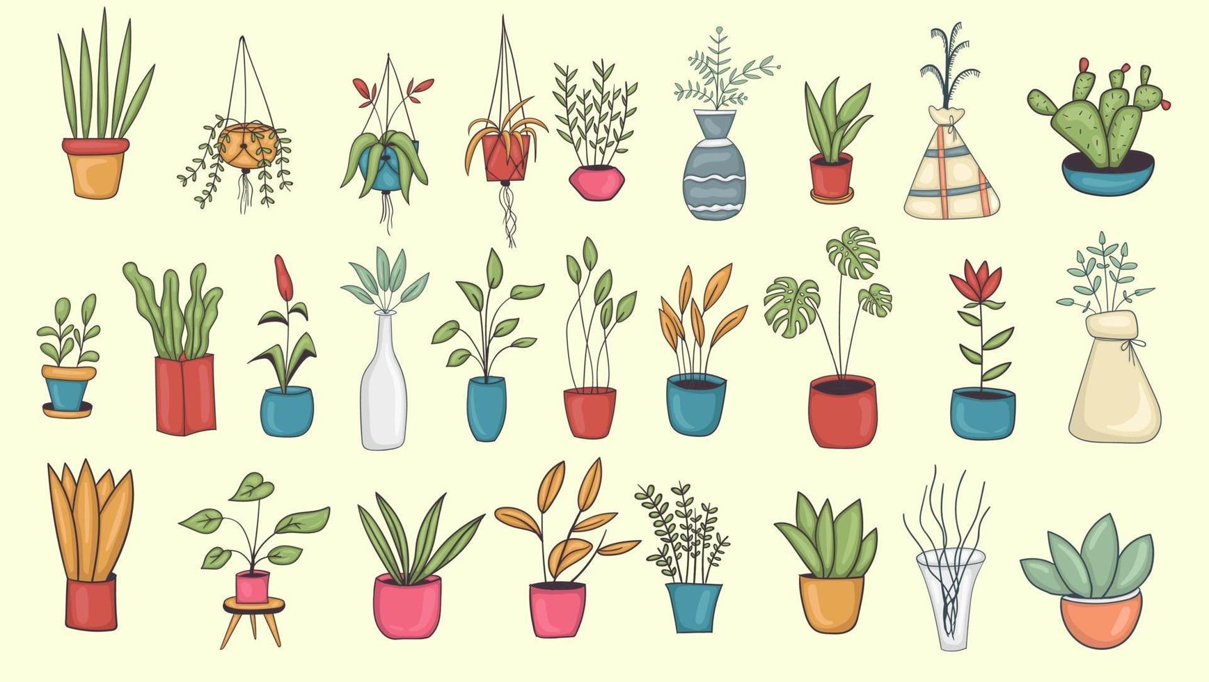 grande conjunto de ilustrações coloridas de plantas caseiras desenhadas à mão vetor