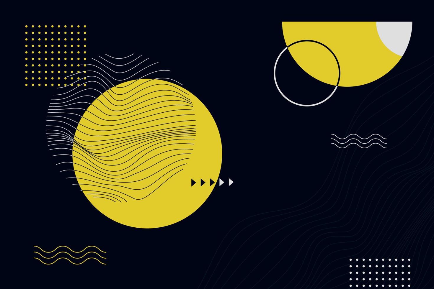 abstrato geométrico composição com amarelo círculo formas, ondulado linhas, e pontos em Preto fundo Projeto para cartão, bandeira, folheto vetor