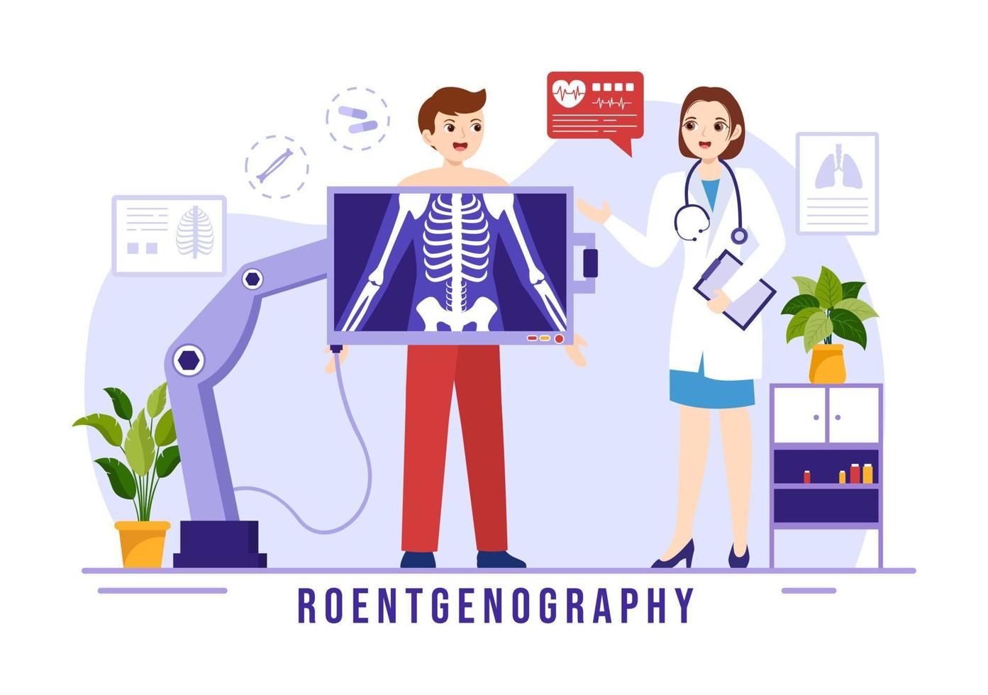 radiografia ilustração com fluorografia corpo checar procedimento, raio X digitalização ou roentgen dentro saúde Cuidado plano desenho animado mão desenhado modelos vetor