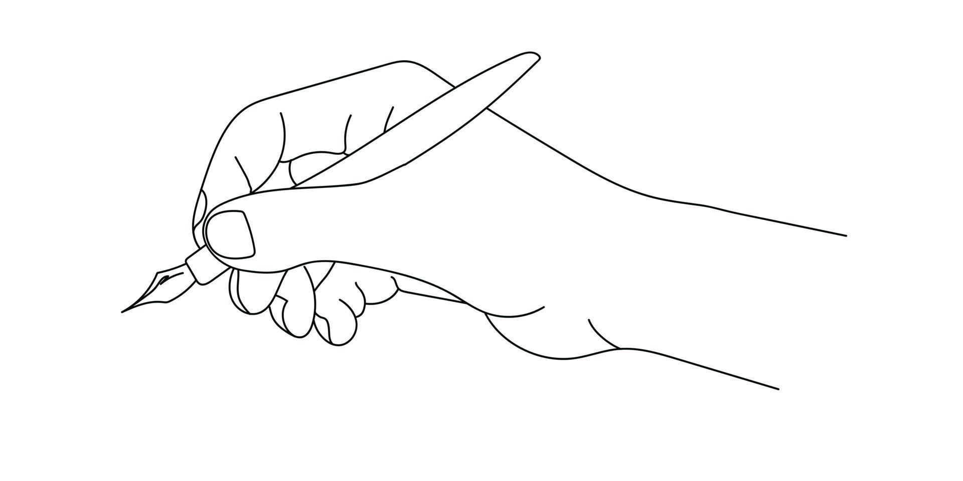 uma humano mão segurando uma fonte caneta, a isométrico ícone em uma branco fundo. vetor contorno ilustração. desenhando linha