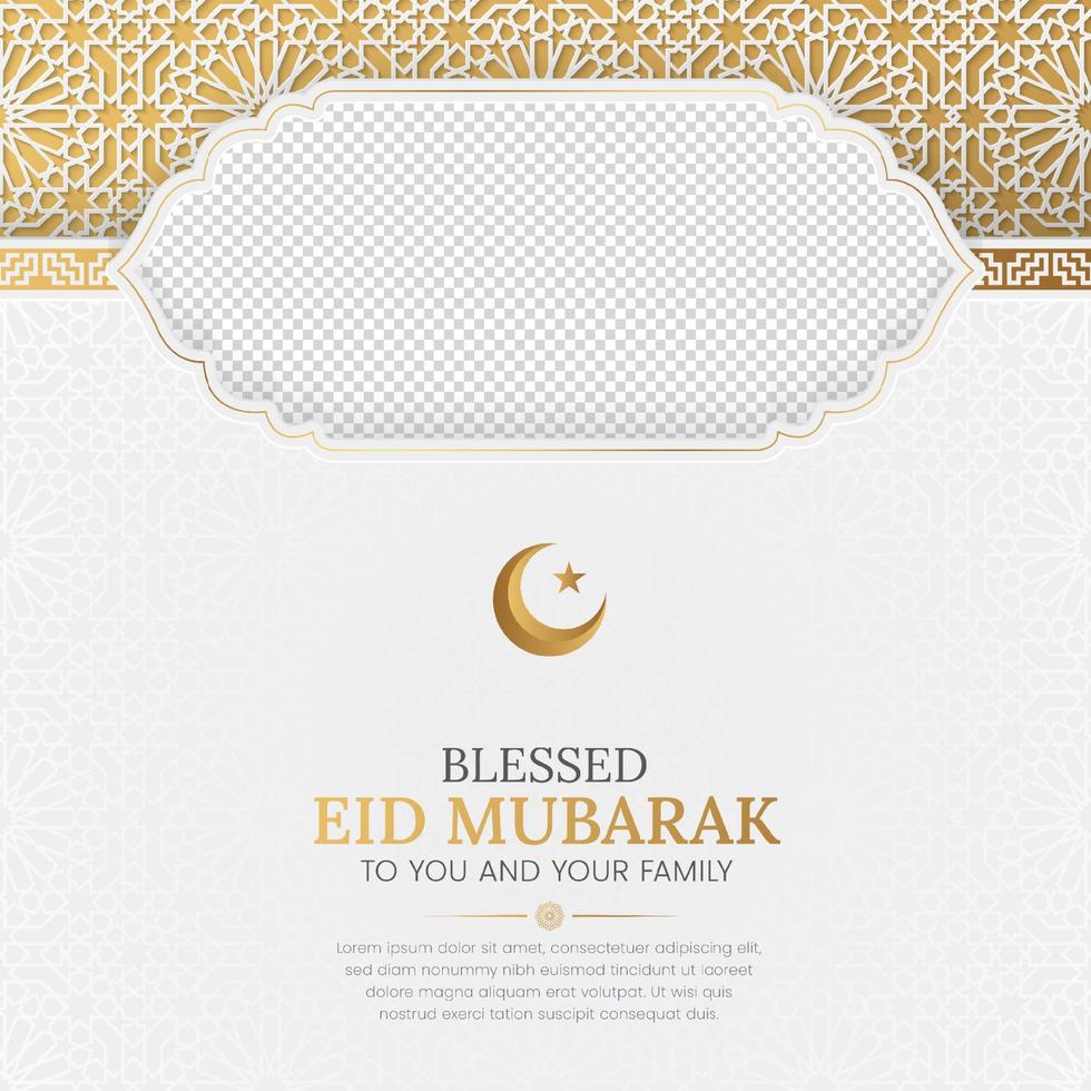 postagem de mídia social islâmica de luxo dourado eid mubarak com padrão de estilo árabe e moldura de foto vetor