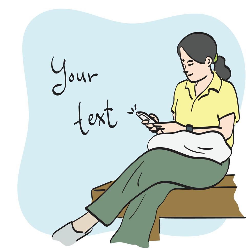linha arte mulher usando Smartphone em Banco ilustração vetor mão desenhado isolado em branco fundo