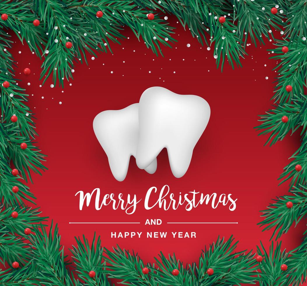 ícones de dentes brancos em forma de árvore de natal em um fundo vermelho. elementos do vetor para o ano novo. ilustração vetorial