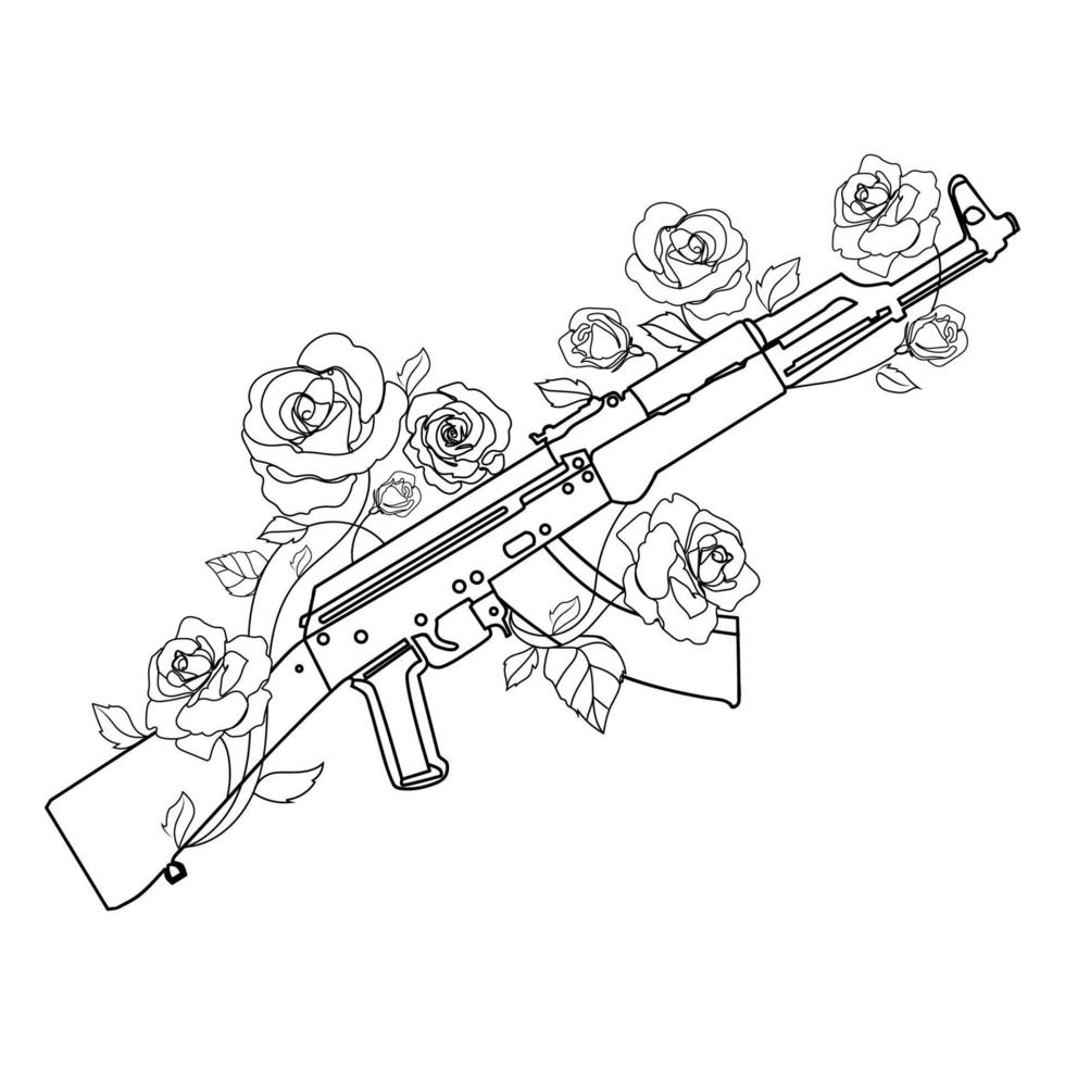 anti terrorismo dia concept.ak 47 kalashnikov assalto rifle com flores rosas crescendo a partir de isto linha arte desenhando vetor ilustração.parar terrorismo cartaz, emblema, cartaz, impressão. tatuagem ideia, camiseta Projeto