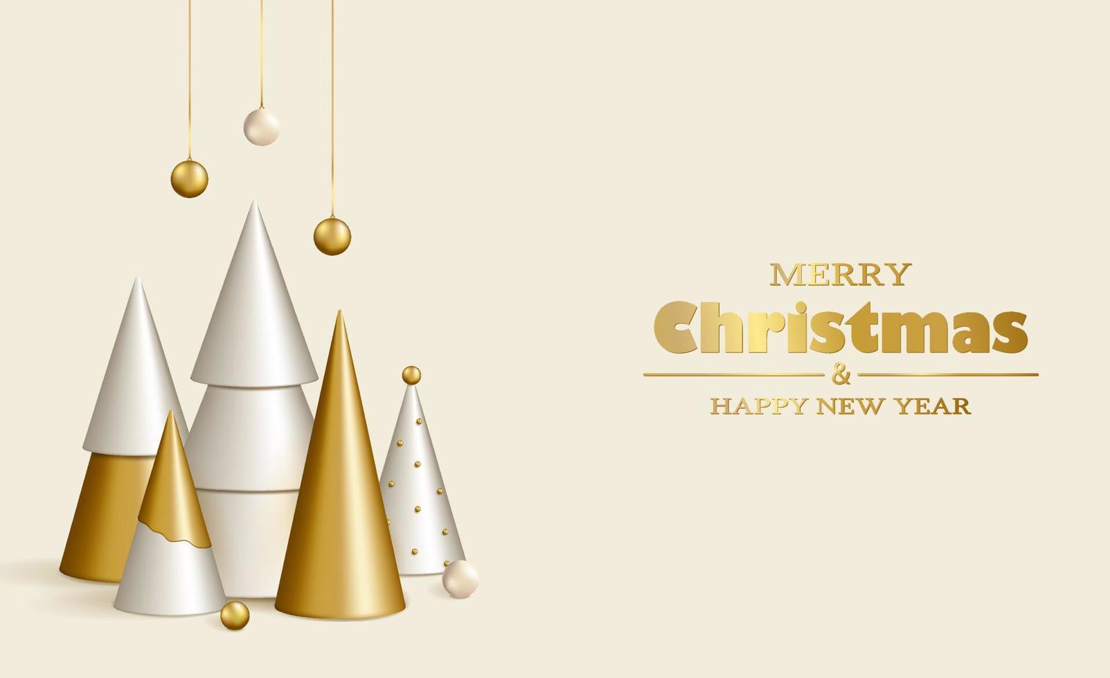 alegre Natal e feliz Novo ano fundo. 3d realista ouro e branco decorativo Natal árvores e guirlandas em uma branco fundo. vetor