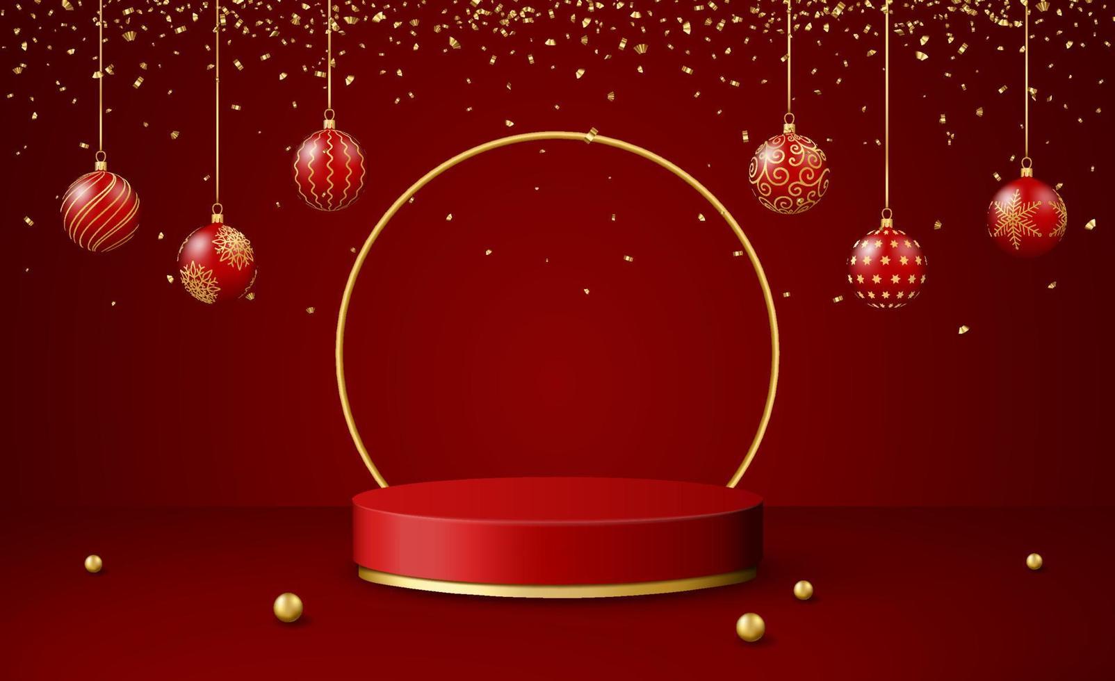 Natal 3d cena com vermelho e ouro pódio plataforma, Natal bolas, confete. vetor