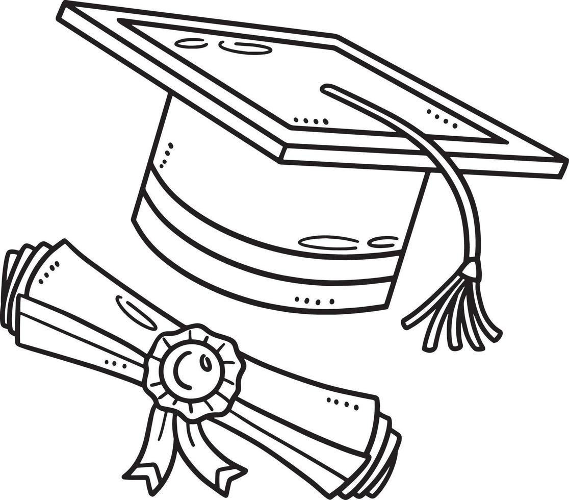 graduação boné e diploma isolado coloração página vetor