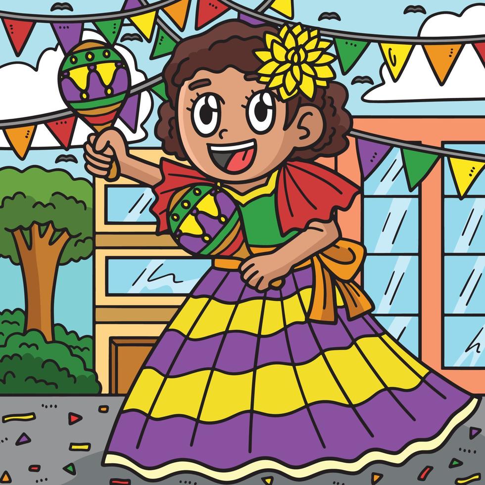 cinco de maionese menina jogando maracás colori desenho animado vetor