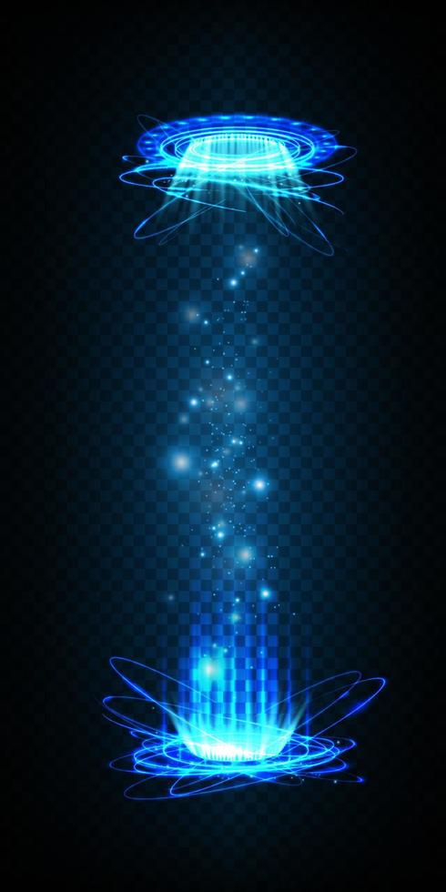 azul Magia fantasia portal. futurista teleporte. luz efeito. azul velas raios do uma noite cena com faíscas em uma transparente fundo. esvaziar luz efeito do a pódio. discoteca clube pista de dança. vetor