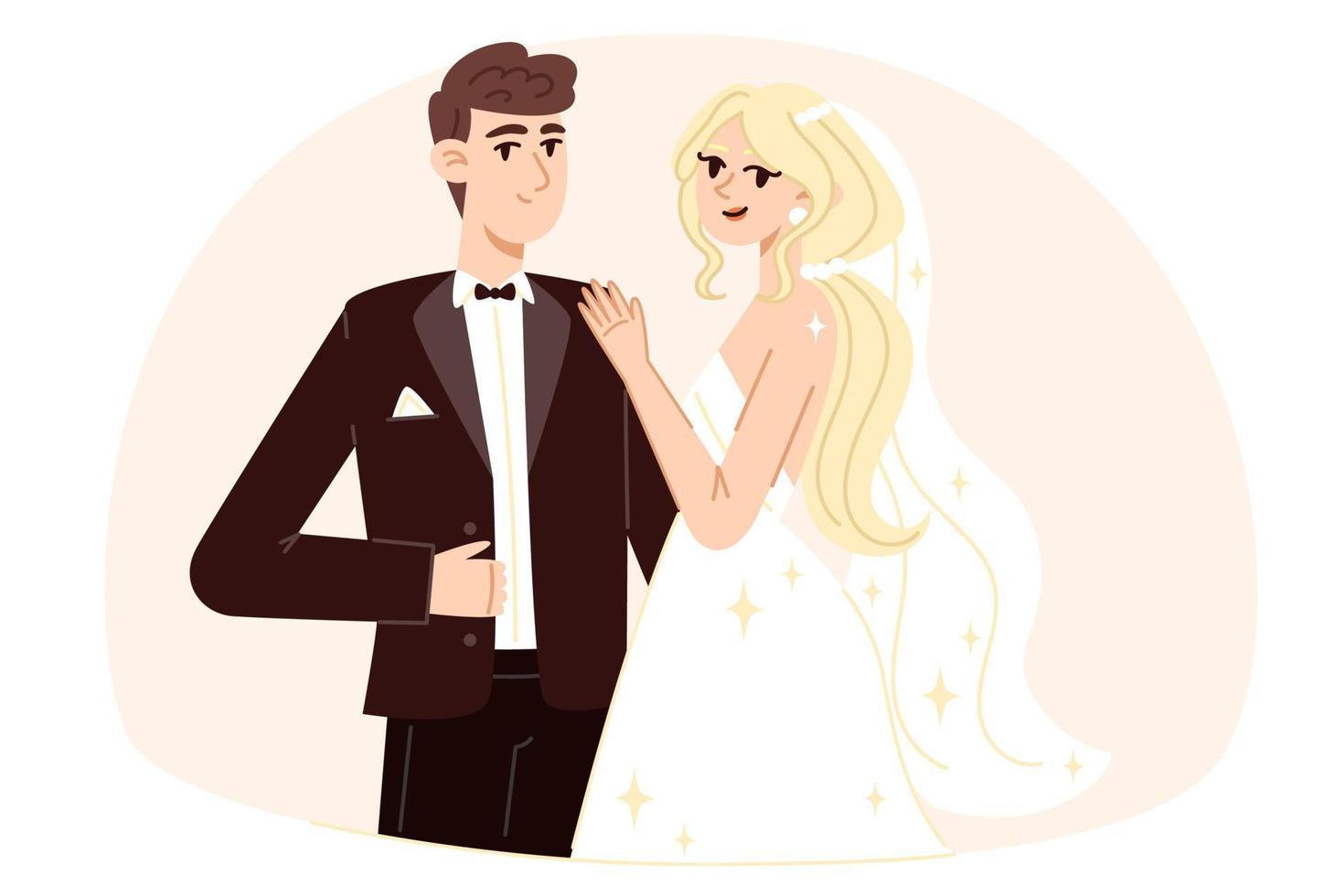 noiva com um buquê de flores e noivo no casamento, ilustração de estilo simples vetor