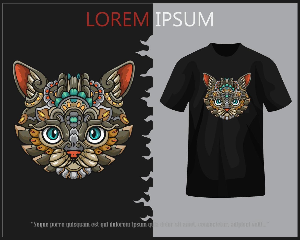 colorida gato cabeça mandala artes isolado em Preto camiseta. vetor