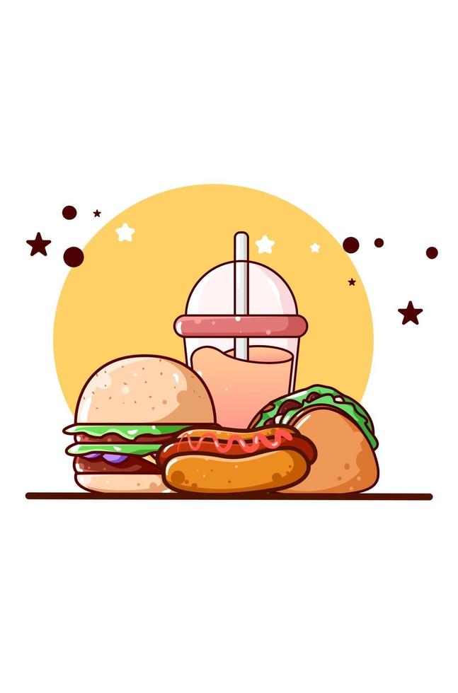 Ilustração dos desenhos animados do ícone de hambúrguer doce, cachorro-quente, taco e suco vetor