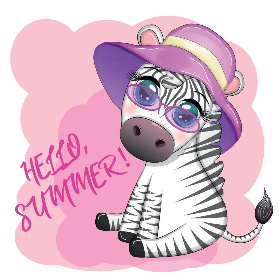 zebra fofa com um chapéu de praia, personagem infantil. animal em roupas de verão. férias de verão, férias vetor