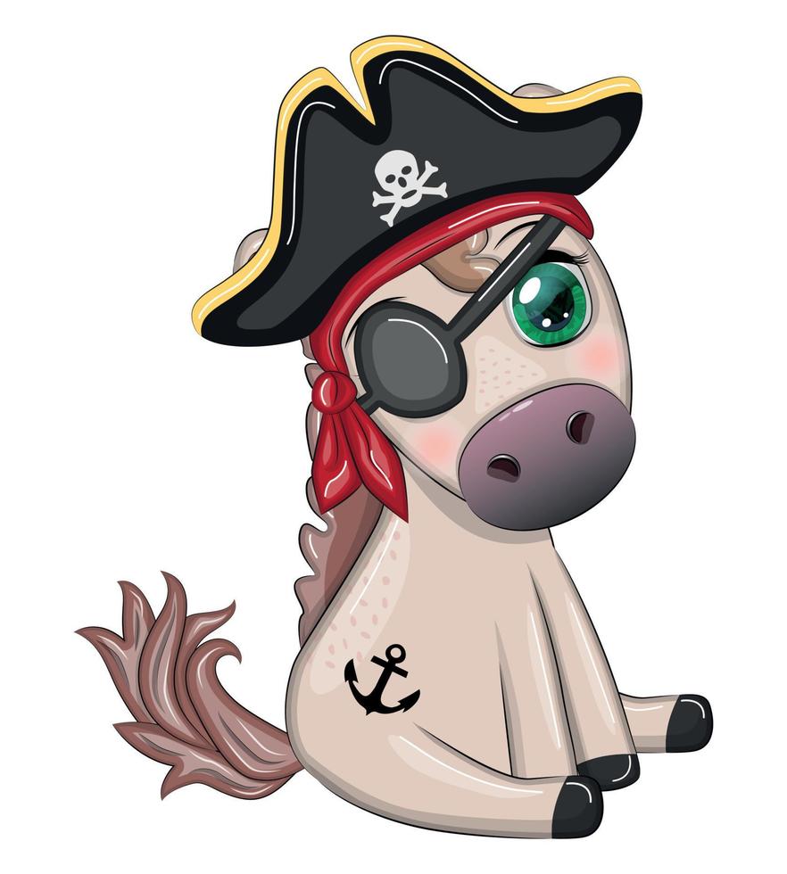 fofa pirata cavalo dentro uma armado chapéu, com a olho correção. criança personagem, jogos para Garoto vetor