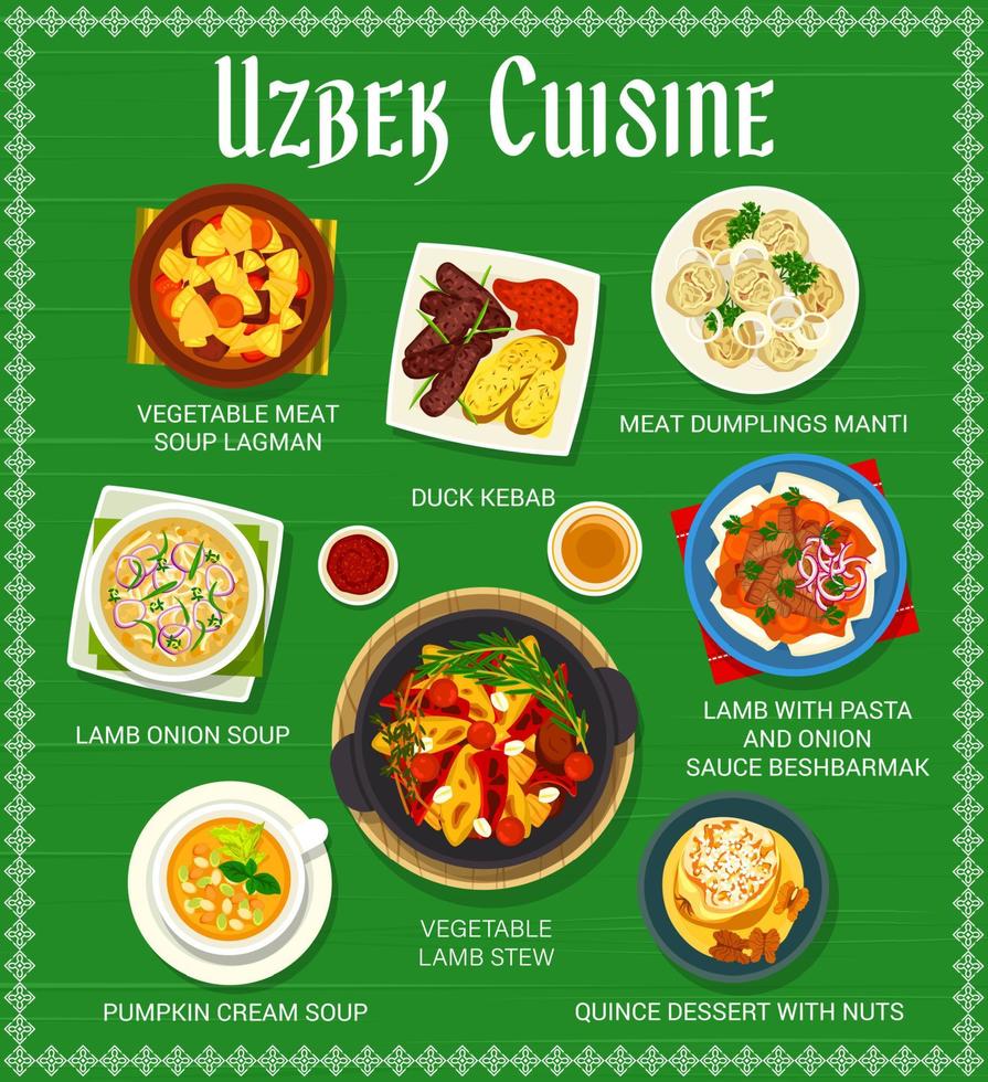 uzbeque cozinha cardápio, nacional Comida do uzbequistão vetor