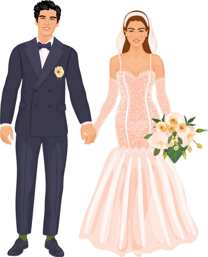 lindo, à moda casal dentro Casamento figurinos. noiva e noivo segurando mãos, isolado em branco fundo. vetor