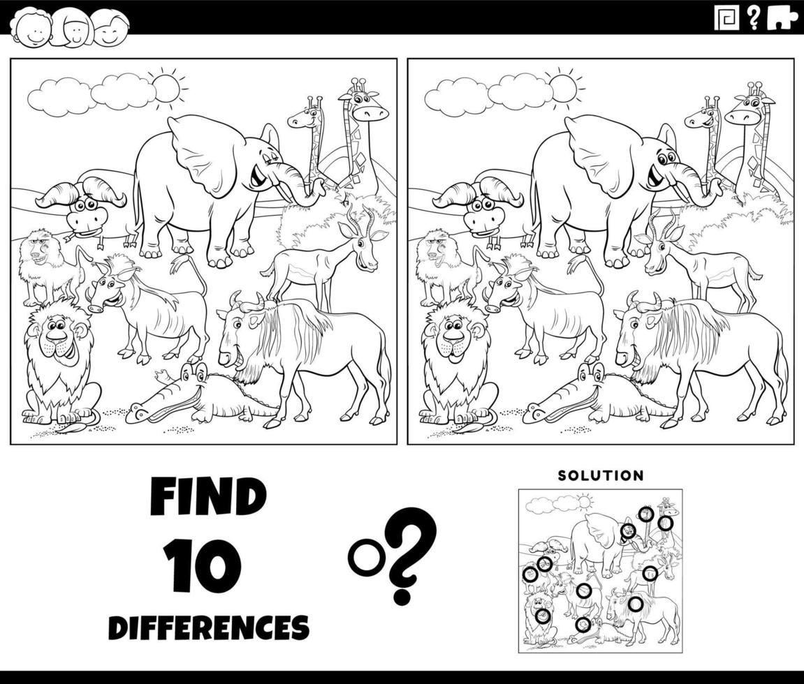 diferenças jogos com africano animais coloração página vetor